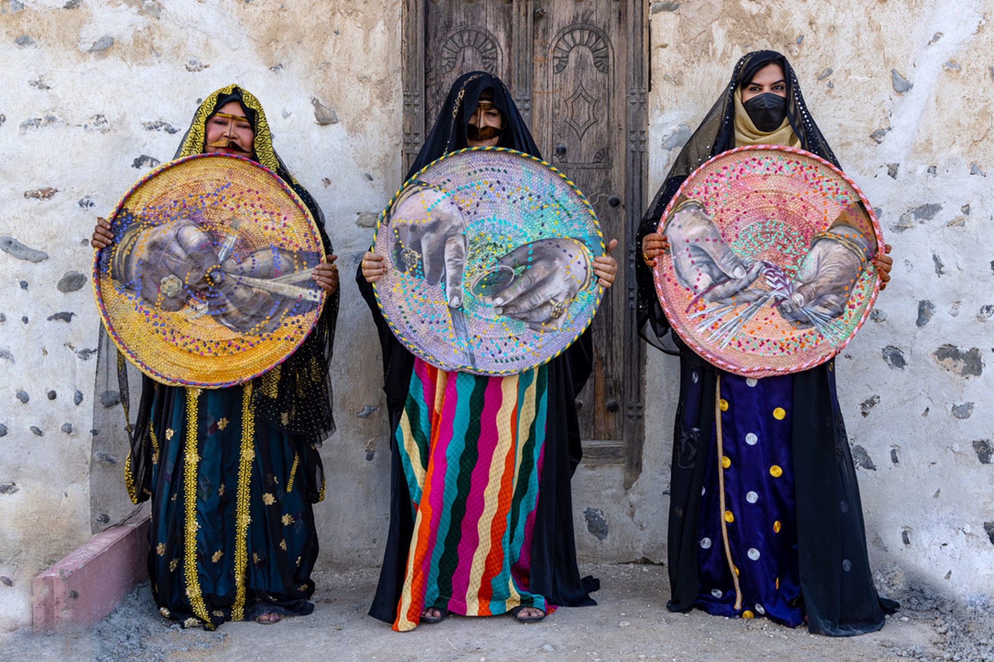 Bil Yad (By Hand) paintings on woven palm frond bases by Dubai-based visual artist Perry El-Ashmawi in Ras Al Khaimah. (Photo: Marisa Engelbrecht)